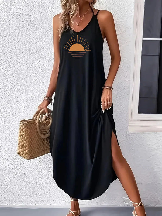 pattern Print  Curvy Hem Cami Dress, Sexy Sleeveless Spaghetti Strap Loose Maxi Dress, Women's Clothing