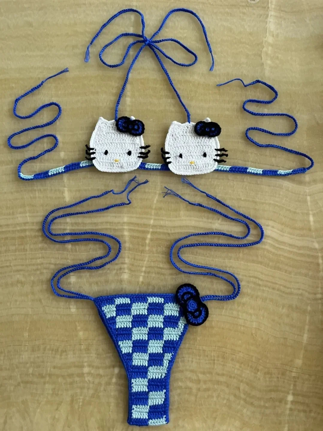 Sanrio Crochet Bikini Set Cute Girls Swimsuits Hello Kitty Sexy Bathing Suit Micro Ties Bikinis Beachwear Women Swimming Suit