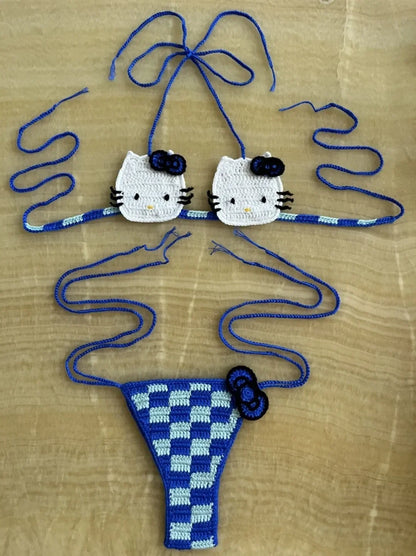 Sanrio Crochet Bikini Set Cute Girls Swimsuits Hello Kitty Sexy Bathing Suit Micro Ties Bikinis Beachwear Women Swimming Suit