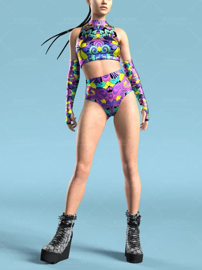 Adult Sleeveless Multicolor Role Play Bodysuit Swimsuit Women Sexy Hollow Off Shoulder Graffiti Art Bodycon Performance Costume