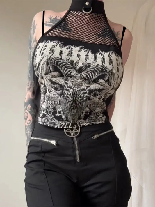 InsGoth Gothic Punk Tank Tops Mall Goth Grunge Print Harajuku Women Y2K Crop Tops Summer Vintage Black Sleeveless Streetwear