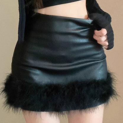 Women Sexy Bodycon Short Skirt Fur Mini Skirt Black High Waist Slim Fit Skinny Matte Faux Leather Skirts Female  Streetwear