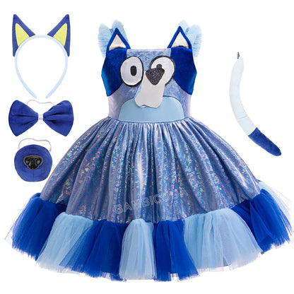 EtherealBe blue dog tutu dress for girls featuring a furry bodice and matching accessories