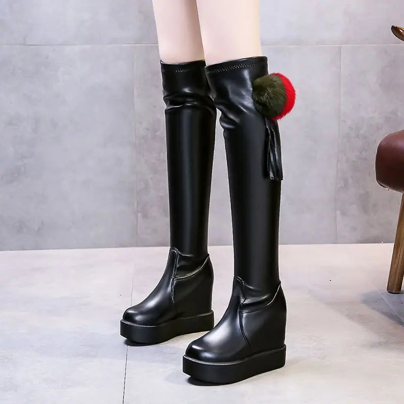 Knee Thigh High New In Women's Boots Genuine Leather Fur Long Shoes for Women Winter 2025 Wedges Chunky Platform Heeled Black