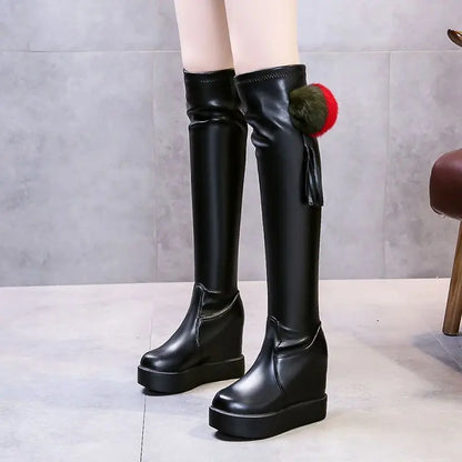 Knee Thigh High New In Women's Boots Genuine Leather Fur Long Shoes for Women Winter 2025 Wedges Chunky Platform Heeled Black