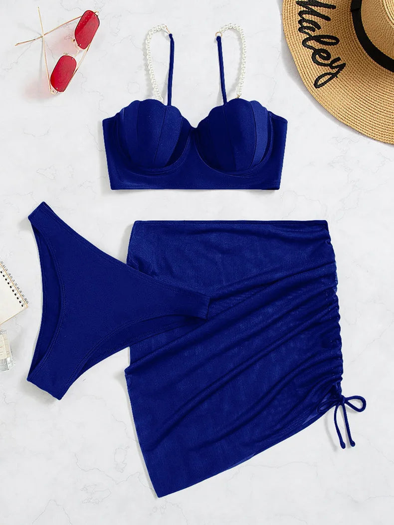 New Swimsuit Women Three Piece Set Solid Blue/Red/Orange/Black Summer Bikini European American Scallop 2024 Swimsuits Wholesale
