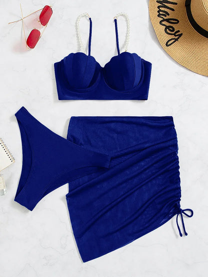 New Swimsuit Women Three Piece Set Solid Blue/Red/Orange/Black Summer Bikini European American Scallop 2024 Swimsuits Wholesale