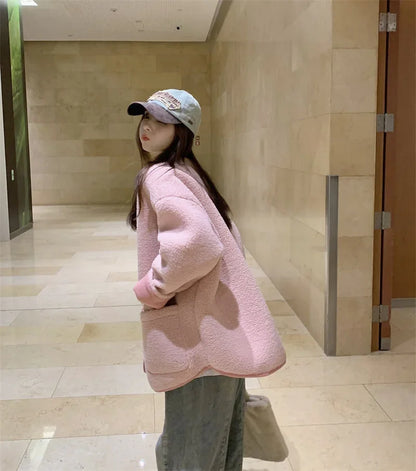 2024 Winter New Women's Lamb Wool Jacket Petite Loose-Fit Thickened Integrated Deer Skin Fleece Medium-Length Korean Style