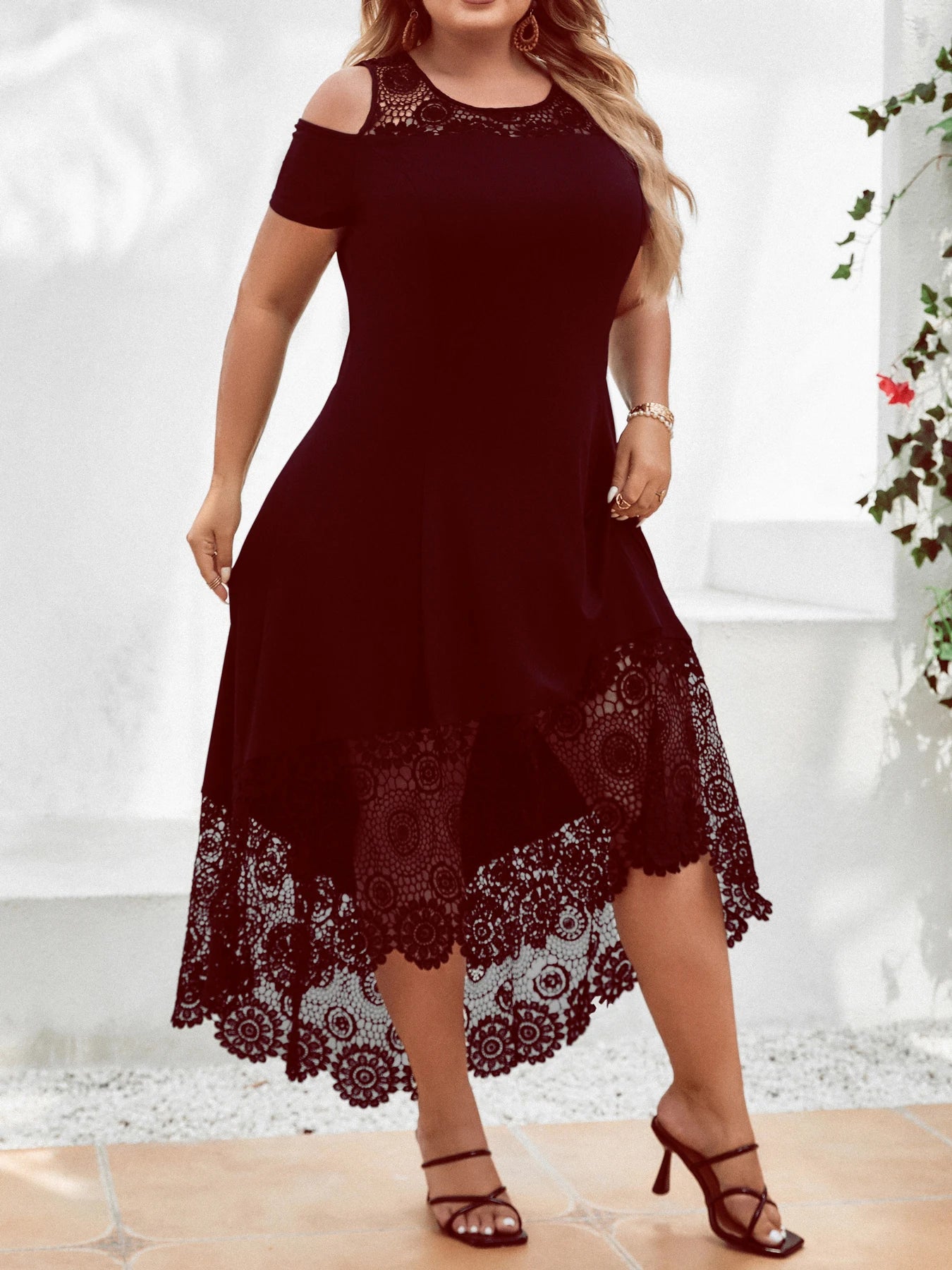 Plus Size Women' Solid Elegant Lace Spliced Cold Shoulder Midi Dress Summer Ladies Banquet Party Cocktail Sundress Size 0XL-5XL