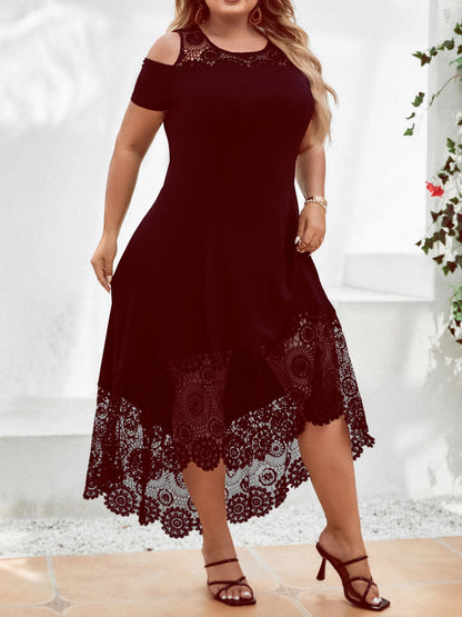 Plus Size Women' Solid Elegant Lace Spliced Cold Shoulder Midi Dress Summer Ladies Banquet Party Cocktail Sundress Size 0XL-5XL
