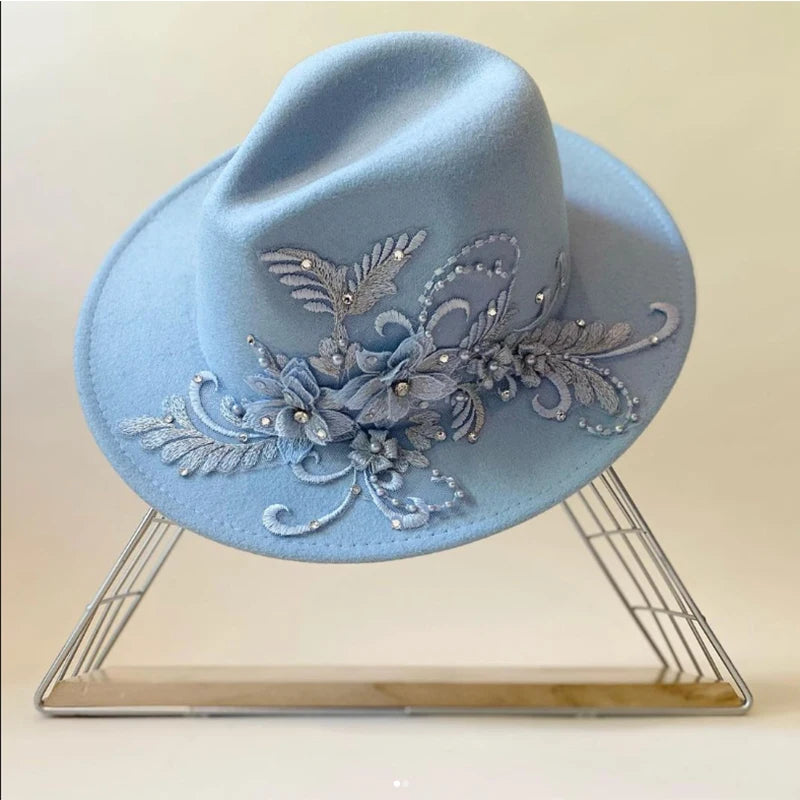 Embroidered three-dimensional flower fedora hat Women's jazz top hat Spring and autumn panama church fashion elegant wedding Hat