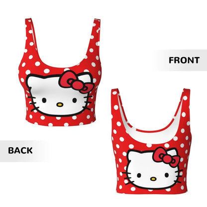 Hello Kitty sports bra for women with red polka dots and iconic bow design on front and back