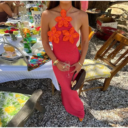 Sexy Crochet Hollow Out Long Halter Dress Women 3D Flower Backless Sleeveless Beach Dresses 2025 Summer Lady Vacation Robes New