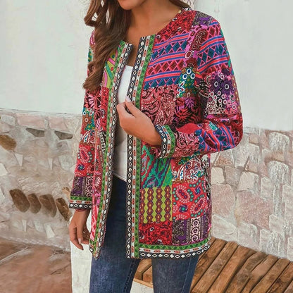 Autumn Winter Fashion Colorful Boho Floral Print Open Front Cardigan Casual Loose Long Sleeve Lightweight Jacket With Pockets
