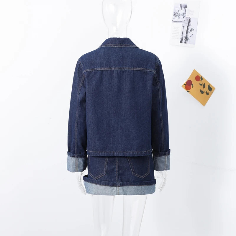 Denim Skirt Women Set Casual Long Sleeve Lapel Pocket Button Jacket Pleated Min Skirts 2025 Spring Summer Lady Suit
