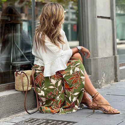 Elegant Women Green Print Elastic Waist Skirt Spring Summer Femme Patchwork Slim SkirtStreetwear Casual Ankle-Length Long Skirt