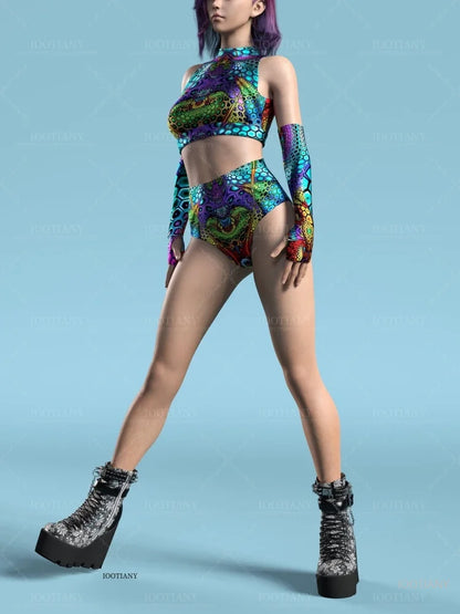 Adult Sleeveless Multicolor Role Play Bodysuit Swimsuit Women Sexy Hollow Off Shoulder Graffiti Art Bodycon Performance Costume