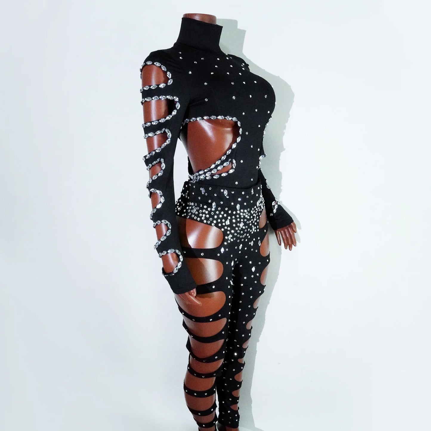 rhinestHollow Out Sexy Black Women Bodysuit pants Sets Long Sleeve Turtleneck Bodysuits Clubwear Costumes Stars Hot Singer Stage