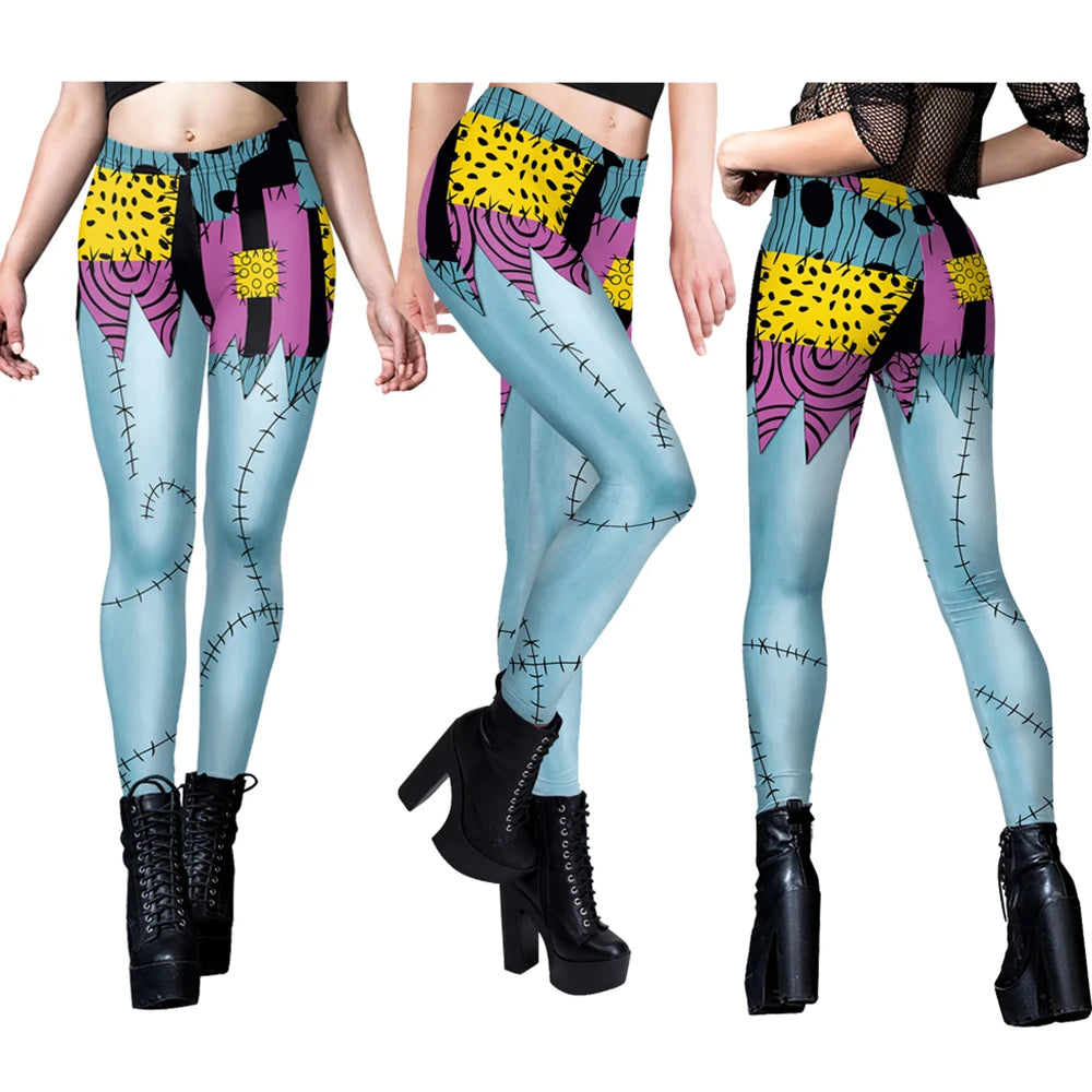 Nightmare Before Christmas Sally cosplay costume leggings with colorful patchwork design and stitch details