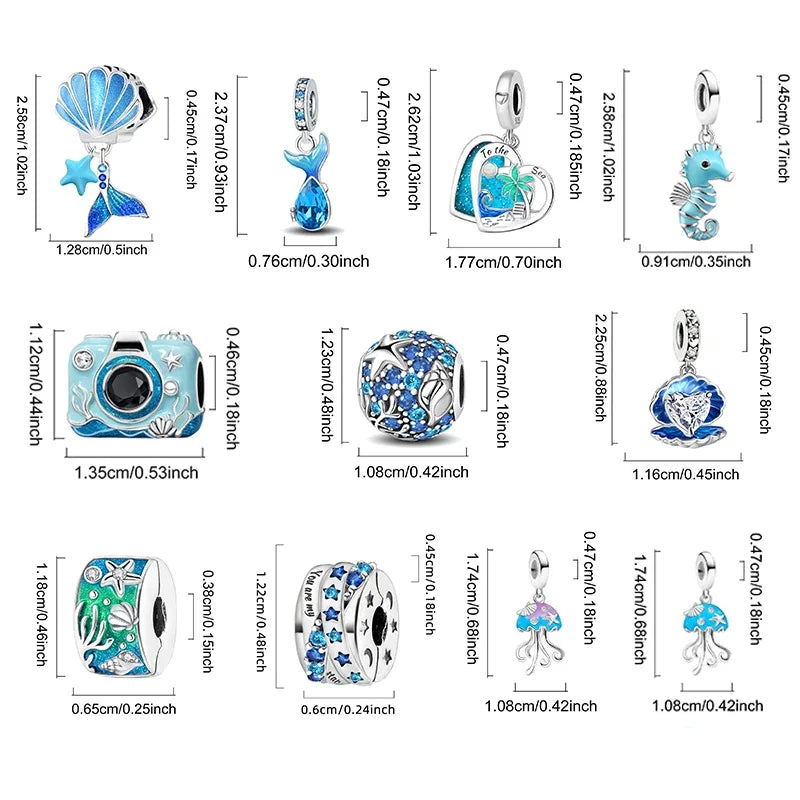 925 Sterling Silver Jellyfish Seahorse Blue Ocean Series Charms Beads Fit Diy Bracelet Making Gift of Fine Jewelry for Womens