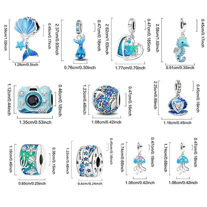 925 Sterling Silver Jellyfish Seahorse Blue Ocean Series Charms Beads Fit Diy Bracelet Making Gift of Fine Jewelry for Womens