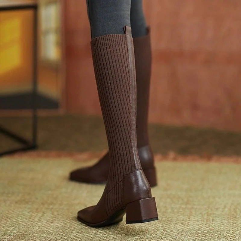Comemore Sock Boots Women 2024 Winter Knee High Knitting Warm High Boot High Heels Weave Casual