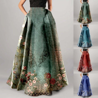 Vintage Floral Print Maxi Skirt High Waist Party Beach Long Skirts Spring Summer Casual Pocket Skirt For Women Elegant Vestidos