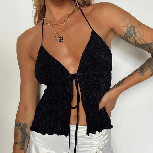 Vest Y2K Top Clubwear New Halter Lace-up Camisole Sexy Lady Backless Tanks Summer Split Crop Top Camis Tank  New
