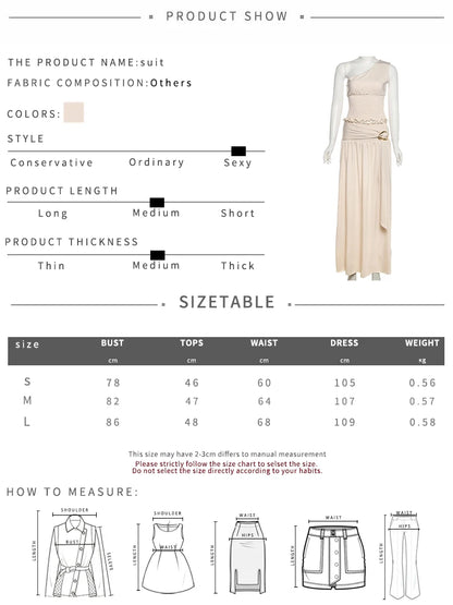 Nibber Solid Ruched Elegant 2 Piece Set Women Skew Collar Backless Crop Tops+Metal Buckle Decoration Skirts Matching Outfits