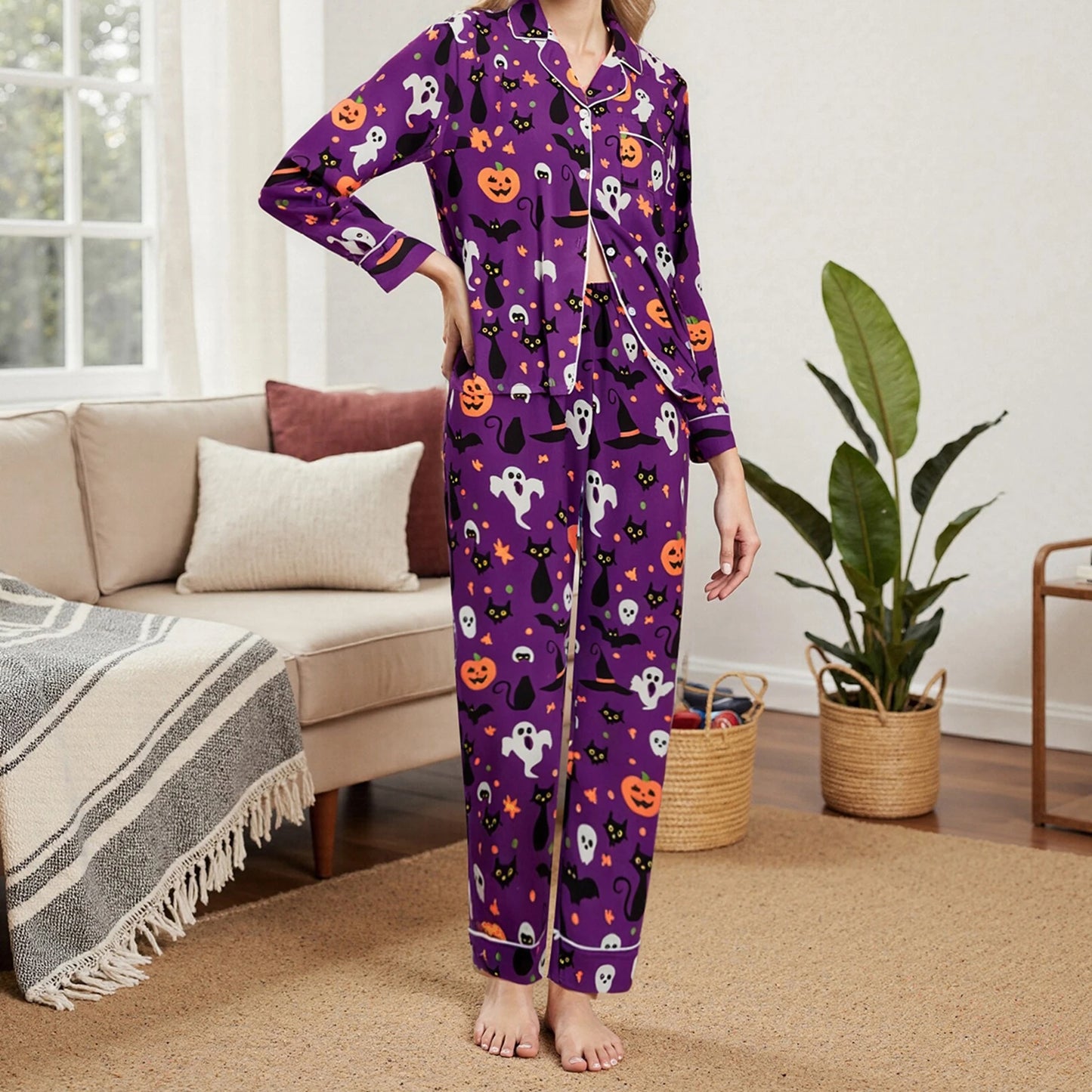 Women Halloween Pajama Set Pumpkin Ghost Long Sleeve Tops + Pants For Nightwear Homewear Casual Wear