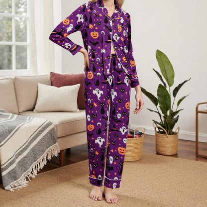 Women Halloween Pajama Set Pumpkin Ghost Long Sleeve Tops + Pants For Nightwear Homewear Casual Wear