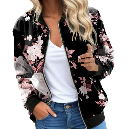 Vintage Floral Printed Jackets for Women Elegant Zipper Bomber Jacket Spring Autumn Office Wear Slim Jackets Coat Retro Outwear