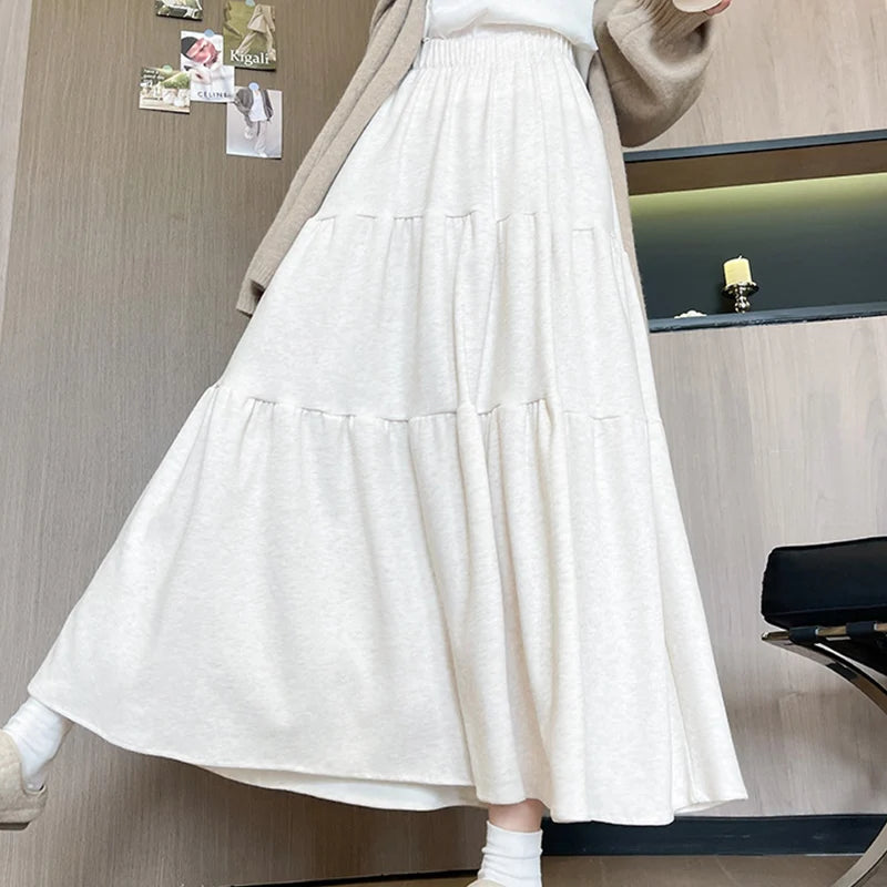 Autumn Casual Knit Pleated Skirt for Women Elegant Solid Color A Line Long Skirts Korean Streetwear High Waist Patchwork Skirt