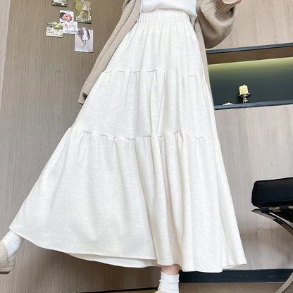 Autumn Casual Knit Pleated Skirt for Women Elegant Solid Color A Line Long Skirts Korean Streetwear High Waist Patchwork Skirt