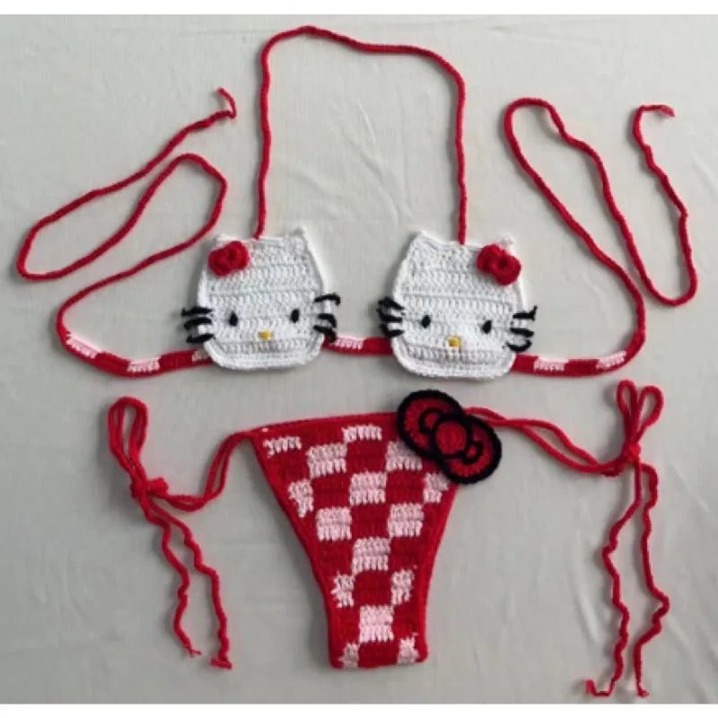 Sanrio Crochet Bikini Set Cute Girls Swimsuits Hello Kitty Sexy Bathing Suit Micro Ties Bikinis Beachwear Women Swimming Suit