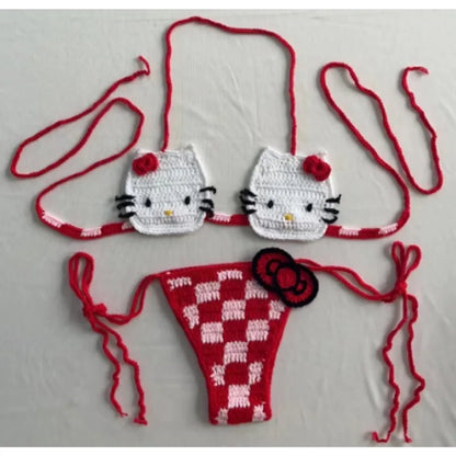 Sanrio Crochet Bikini Set Cute Girls Swimsuits Hello Kitty Sexy Bathing Suit Micro Ties Bikinis Beachwear Women Swimming Suit