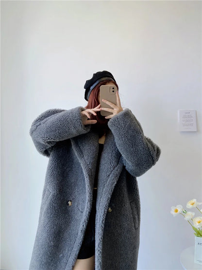 Winter Jacket Women Long Coat  Wool Woven Fabric Thick Warm Outerwear Oversize Fashion Streetwear Teddy Bear Coats