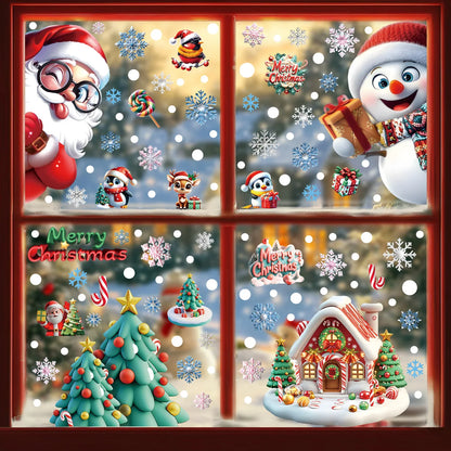 Christmas Window Static Clings Snowman Santa Claus Snowflake Reindeer Cute Xmas Decoration Decal Sticker Home Ornaments Supplies