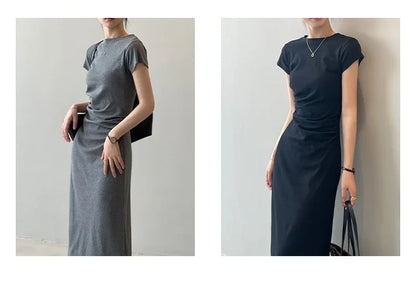 Slim Fit T-irt Dr Women's Spring Summer ort Sve Pleated Waist Cinching A-Line Midi Dr Small Stature 50