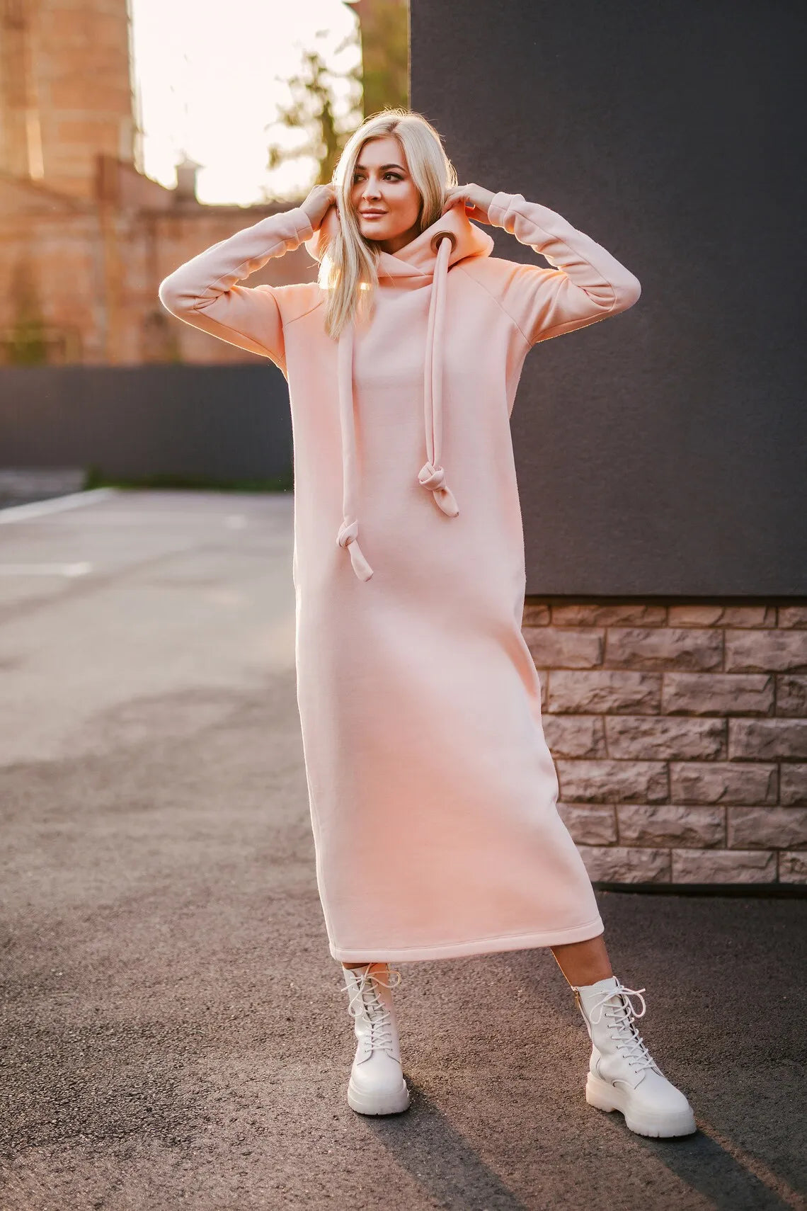 Plus Size Women Fashion Loose Autumn Winter Large Knitted Hooded Long Dress Velvet Hoodie Casual Dress Splicing Warm Dress