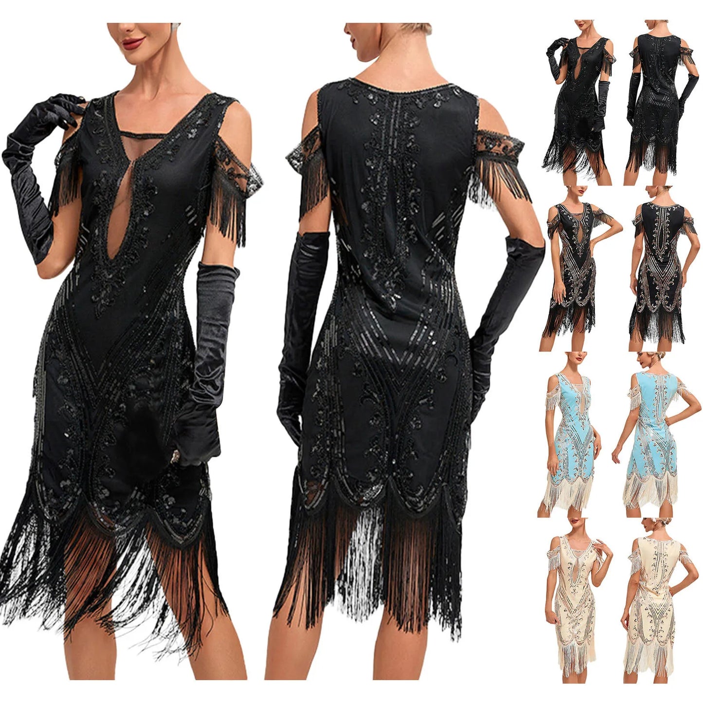 1920s Vintage Flapper Great Gatsby Party Dress V-neck Sleeveless Sequin Beaded Style Style Tassel Flapper Vestidos Feminina 1920