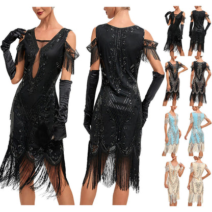 1920s Vintage Flapper Great Gatsby Party Dress V-neck Sleeveless Sequin Beaded Style Style Tassel Flapper Vestidos Feminina 1920