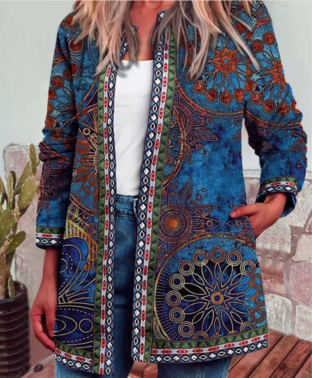 Autumn Winter Fashion Colorful Boho Floral Print Open Front Cardigan Casual Loose Long Sleeve Lightweight Jacket With Pockets