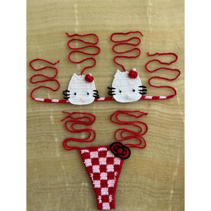 Cute Crochet Bikini Set 2 Pieces Lady's Bathing Suits Sexy Micro Bikinis Ties Swimsuit Thong Swimwear Kwaii Womens Swimming Suit
