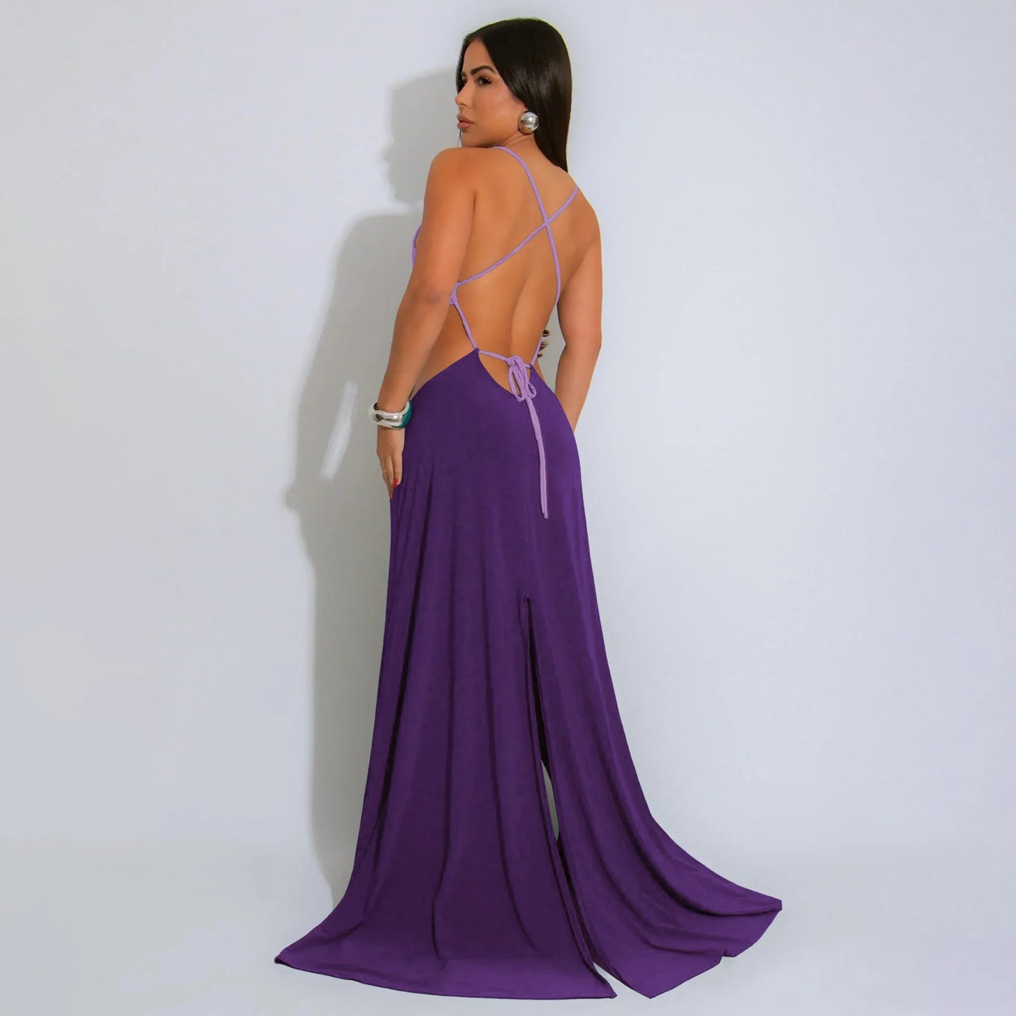 CM.YAYA Women Strap Backless Big Swing Split Maxi Long Dress 2025 Hollow Out Birthday Sexy Club Party Evening Dresses Vestidos