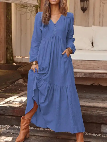 Autumn Winter Women's Clothing New Fashion Solid Color Button Cotton Linen Retro Casual Long Sleeved Dress Big Swing Long Skirt