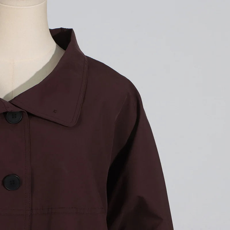 EtherealBe simple style long sleeve trench coat in rich burgundy color with button details