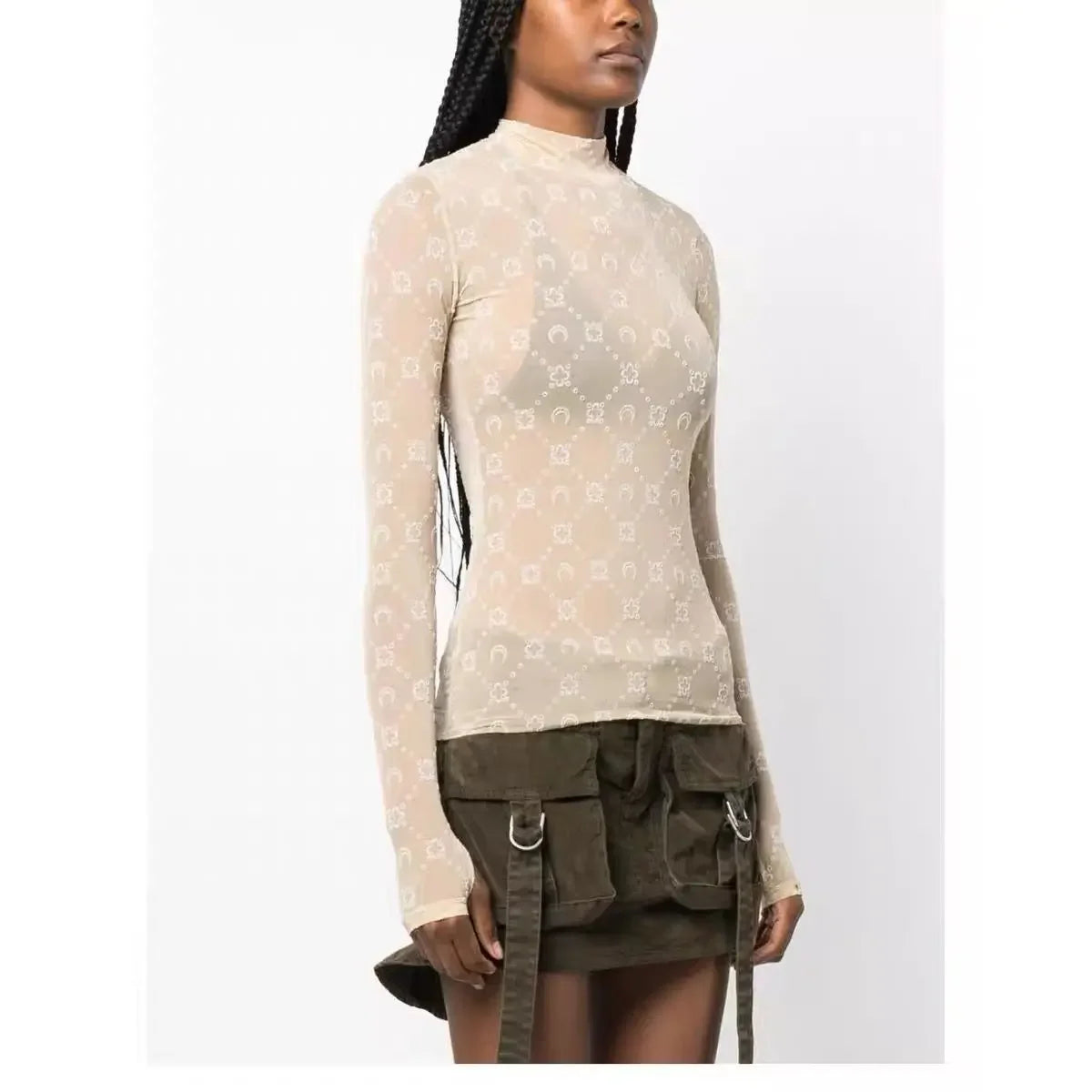 Spring Fashion Sexy Perspective Women's Pullover Mesh T-Shirt New Semi High Neck Long Sleeved Slim Fit Elastic Women T-Shirt