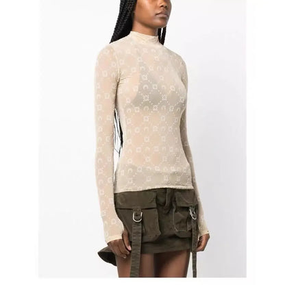 Spring Fashion Sexy Perspective Women's Pullover Mesh T-Shirt New Semi High Neck Long Sleeved Slim Fit Elastic Women T-Shirt