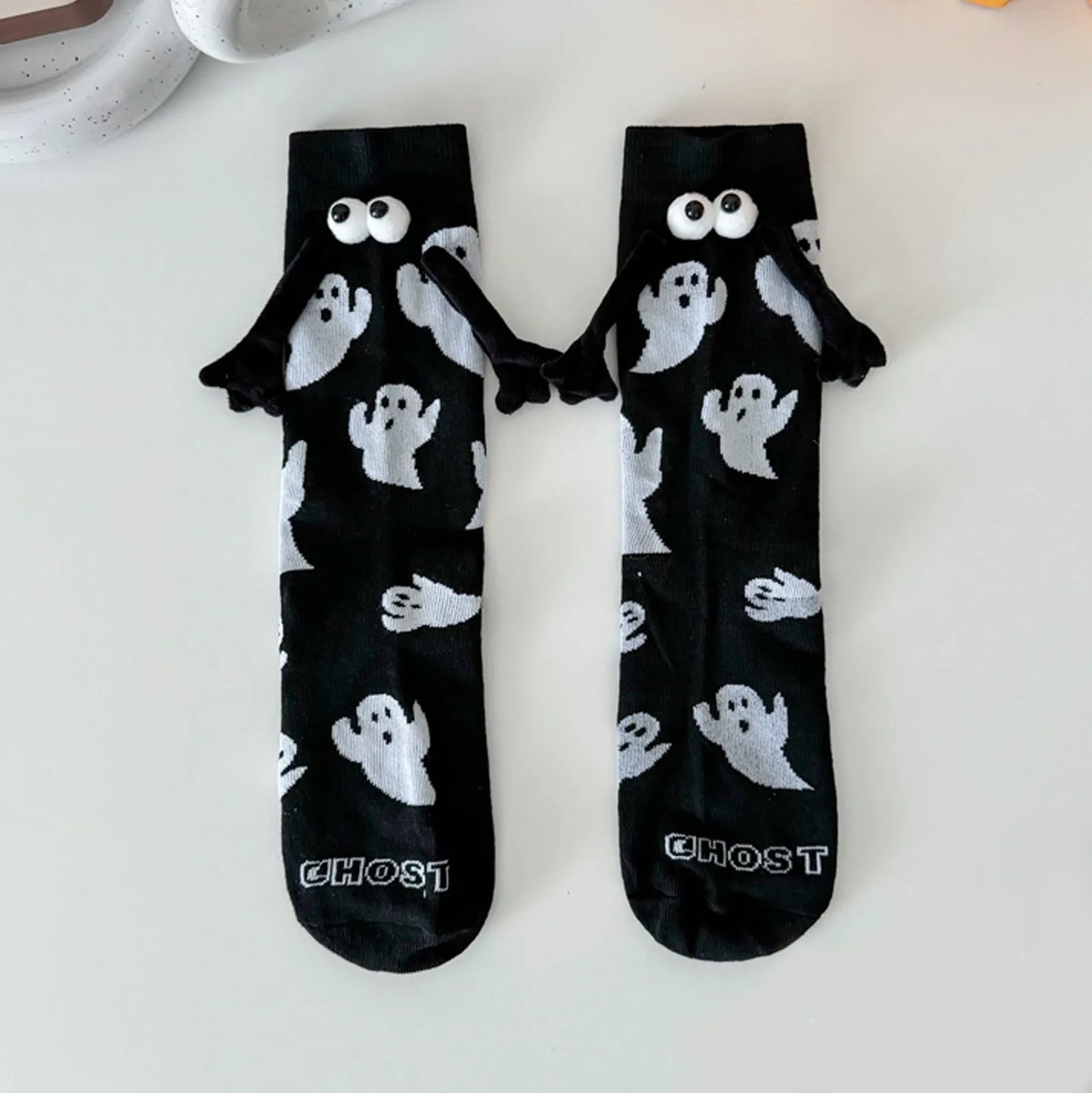 EtherealBe women's Halloween socks featuring playful ghost patterns and fun 3D eyes